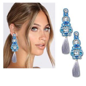 NEW Bohemian Goddess Blue Crystal Soutache Statement Earrings 5" Festival Boho